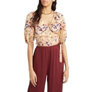 Open Edit Puff Sleeve Wrap Blouse Yellow Floral Size Medium NWOT $59 MSRP